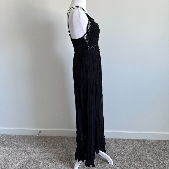 FP One womens Adella Maxi Dress Crochet Smocked spaghetti Strap Black Goth Sz M - Picture 9 of 14